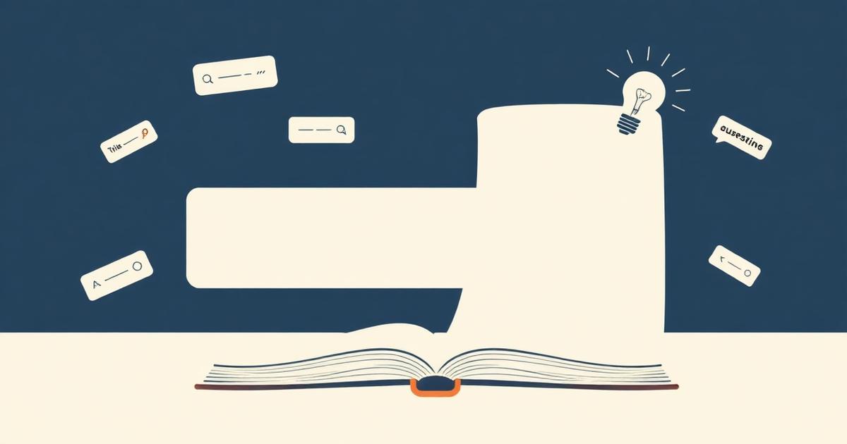 Blank book cover surrounded by floating search queries and a lightbulb