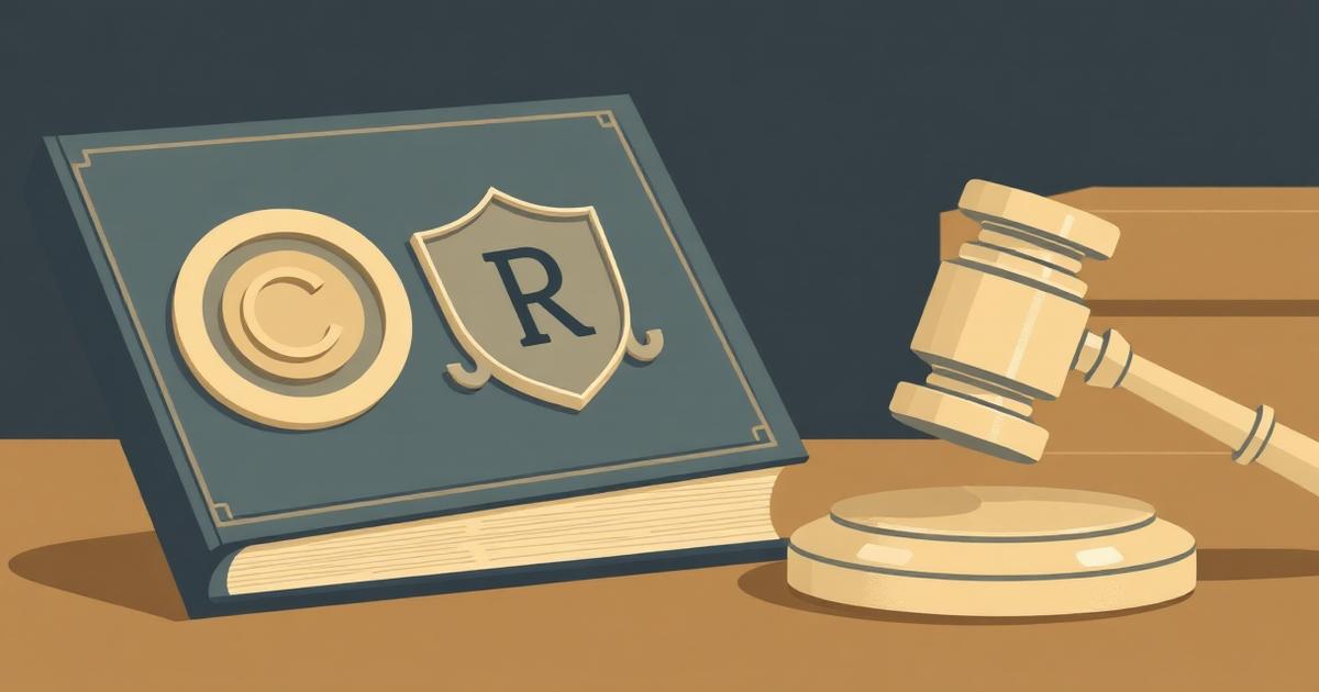 Copyright and trademark symbols on a book cover beside a gavel