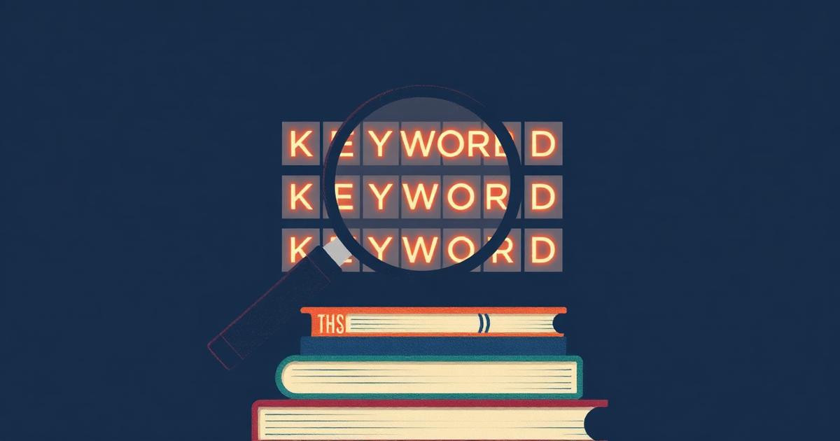 Magnifying glass over a grid of book keyword tags above a stack of books