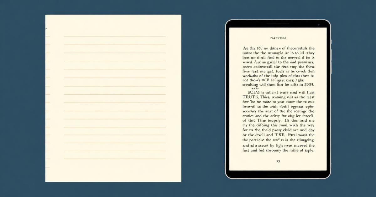 Standard double-spaced manuscript page next to an ebook reader screen