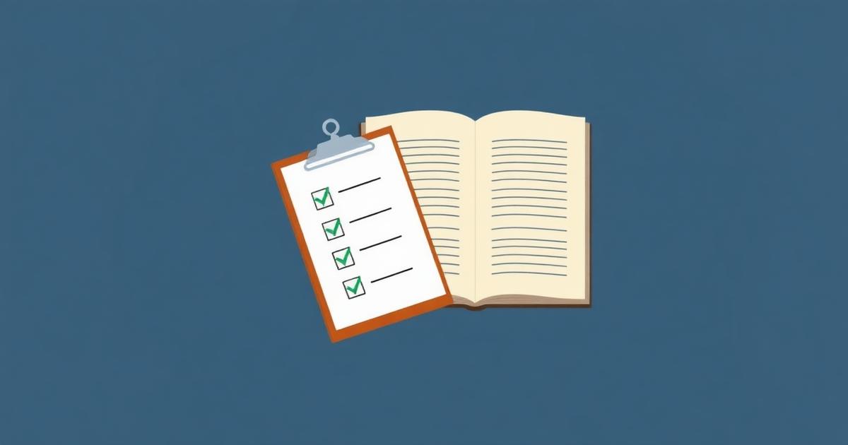 Checklist with ticked items next to an open manuscript ready for publication