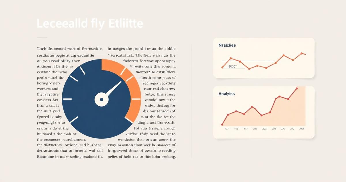Readability score gauge and analytics charts over a page of prose
