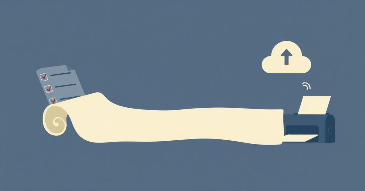 Long self-publishing checklist scroll running toward a printer and upload cloud